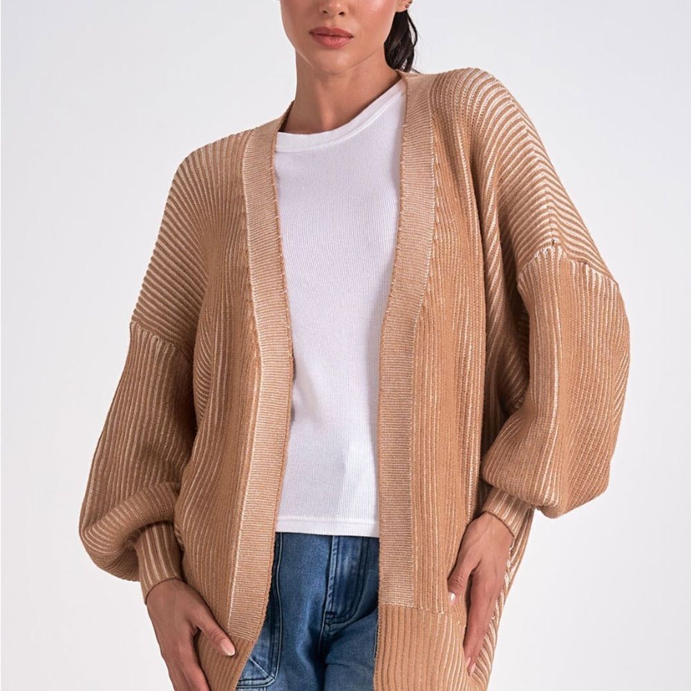 NWT Elan Tan White Ribbed Cardigan Size Small New